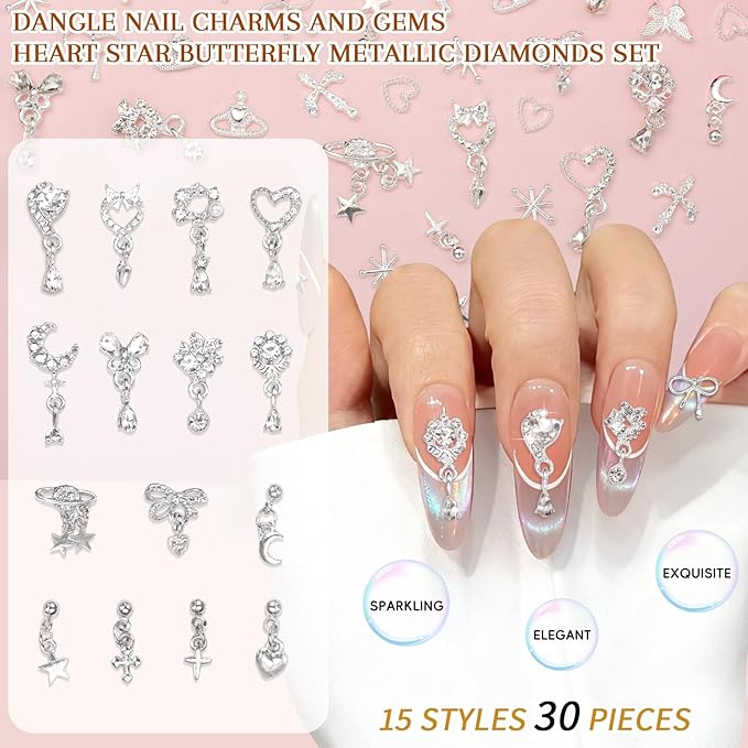 100Pcs Dangle Silver Nail Charms and Gems, Cross Star Heart Crown Planet Bows Butterfly Nail Gems Charms Silver Nails Art Supplies for Women DIY Accessories