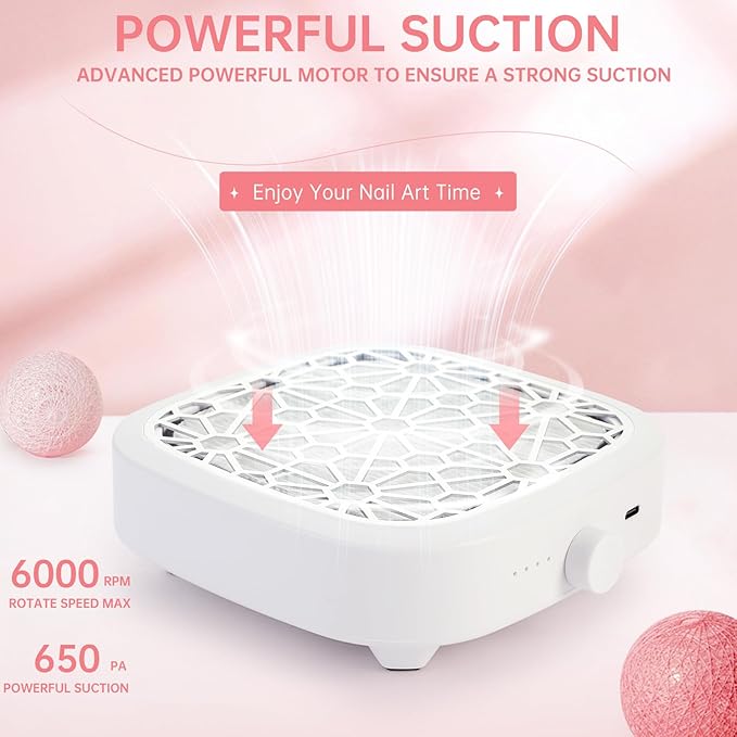 Nail Dust Collector, Cordless Dust Collector Nail Tech, Compact Powerful 6000RPM Nail Vacuum Fan Rechargeable Dust Extractor for Acrylic Gel Polish Manicure Pedicure for Home, White