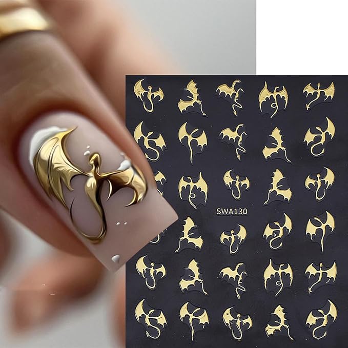 Halloween Nail Stickers 3D Metallic Dragon Nail Art Stickers 6PCS Laser Silver Gold Bronzing Fly Devil Bat Halloween Theme Design Self-Adhesive Nail Decals Accessories for Holiday Nail Art Decorations