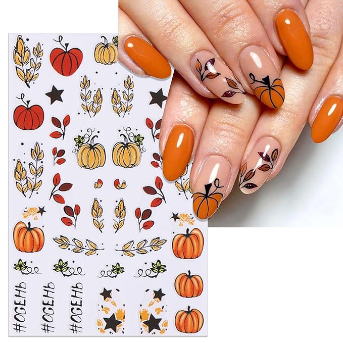 8 Sheets Fall Nail Stickers - Autumn Pumpkin Leaf Floral Self-Adhesive 3D Nail Decals for Women Girls DIY Thanksgiving Day Manicure