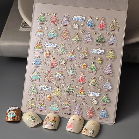 Christmas Nail Sticker 5D Embossed Christmas Tree Snowflake Nail Art Stickers Self Adhesive Nail Decals Colorful Christmas Tree Nail Art for Women Girls Winter Holiday Manicure DIY Nails Supplies