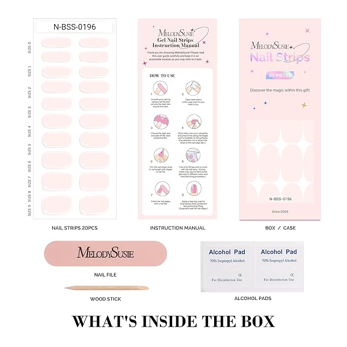 MelodySusie Semi Cured Gel Nail Strips (Pastel Pink)- Works with Nail lamp, Salon-Quality, Long Lasting, Easy to Apply & Remove - Includes 20Pcs, 2 Prep Pads, Nail File & Wooden Stick