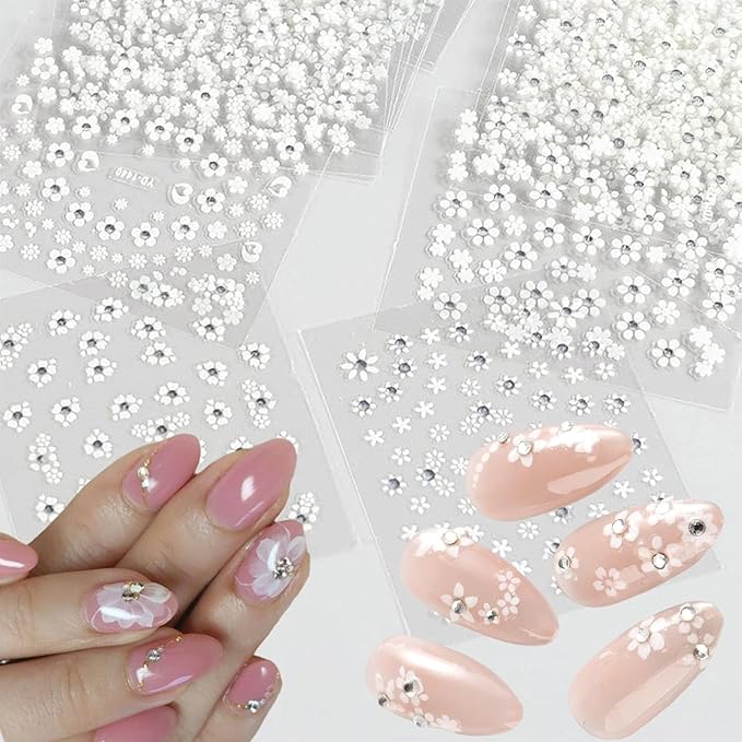 30 Sheets White Rhinestone Flower Nail Art Stickers 3D Self-Adhesive Flower Nail Stickers Design Holographic Small Flowers with Rhinestones Suitable for Women Nail Art Decoration