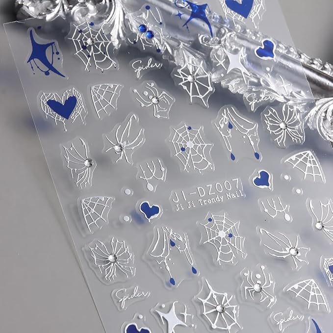 Halloween Nail Stickers 3D Self-Adhesive Spider Web Spider Rhinestone Nail Art Stickers Design Spider Nail Decals Holiday Acrylic Nails DIY Decoration Kit Fall Manicure Supplies for Women 6 Sheets