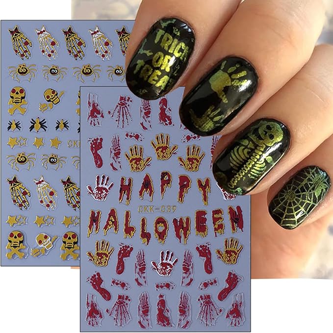 10 Sheets Halloween Nail Art Stickers Decals 3D Skeleton Pumpkin Spider Knife Etc Self-Adhesive Designs Nail Decals Supply Red Gold Skull Cross Nail Stickers for Women DIY Manicure Decoration