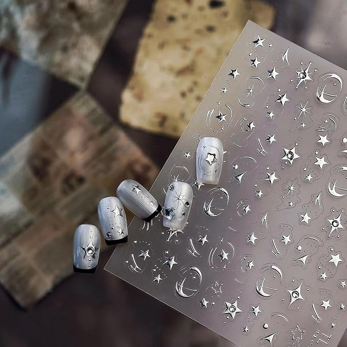 Shine Silver Star Nail Stickers for Nail Art 5D Embossed Self-Adhesive Pentagram Nail Decals with Rhinestones Designs for Women DIY Manicure Supplies Decorations 1 Sheets