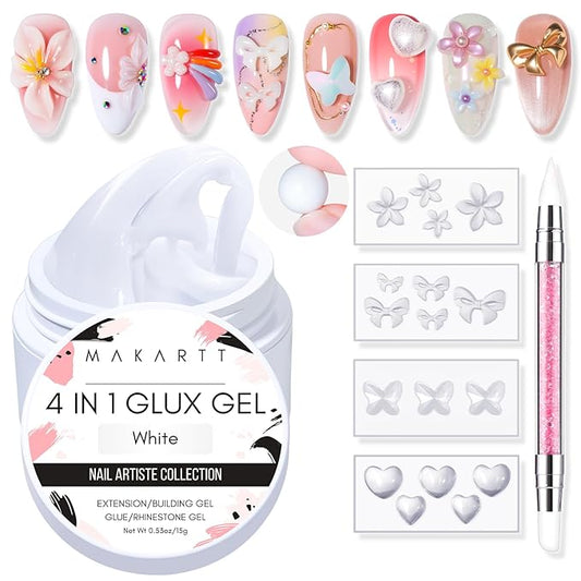 Makartt 3D Gel Nail Art: 4 in 1 White Solid Gel Builder Diy Kit for 15ML Nail Extension Gels, 4pcs Silicone Molds, 1 sculpture Brush, Nails Art Glue for Acrylic Nails Carving Manicure for Home Salon