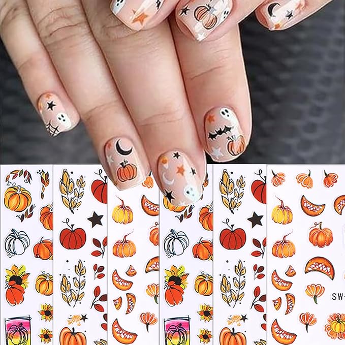 6 Sheets Cute Pumpkin 3D Self-Adhesive Nail Art Stickers with Pumpkin Seeds Designs, Flower Star Letter Nail Decals for Women Salon