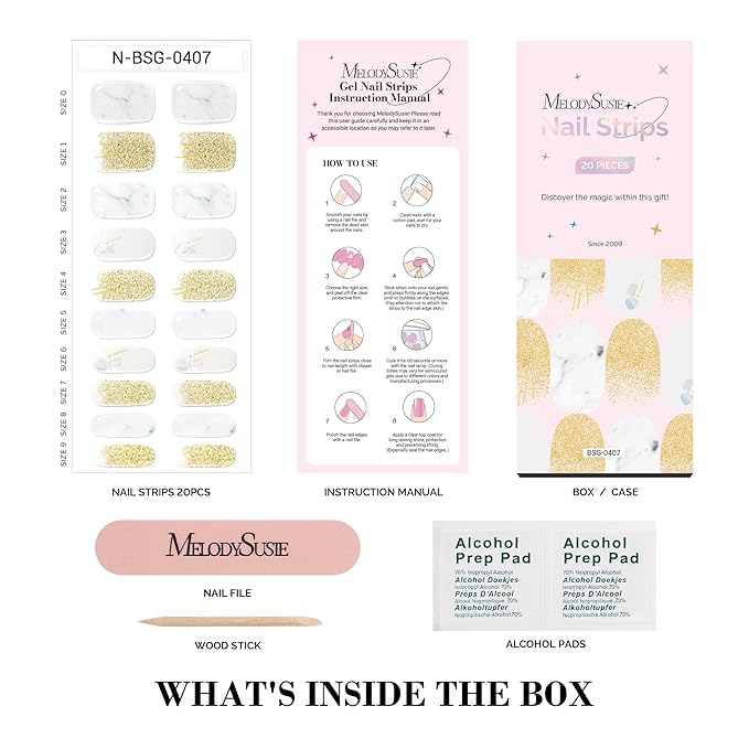 MelodySusie Semi Cured Gel Nail Strips (White Marble), 20 PCS Classic Gel Nail Stickers, Gold Glitter Gel Nail Wraps, UV Light Required, Durable and Salon Quality