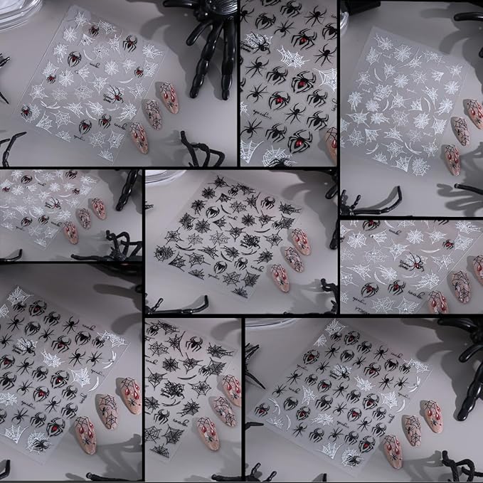4 Sheets Halloween Nail Stickers for Nail Art Black White Spider Web Nail Decals 3D Self-Adhesive Spider with Red Rhinestones Nail Design Decals Goth Halloween Holiday Nails Supply for Women Manicure
