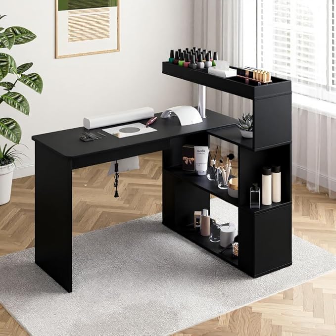 Manicure Table, L-Shaped Nail Tech Desk with Dust Collector, Reversible Rotating Table & Storage Shelf, Acetone Resistant Beauty Salon Station, Black