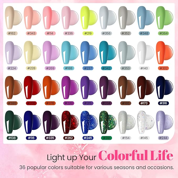 phoenixy 40 PCS Gel Nail Polish Kit, 36 Colors Gel Nail Polish Set with Base Top Coat Pink Blue Red at Home Nail Kit Gifts for Women