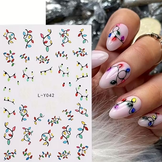 6PCS Christmas Nail Art Stickers Luminous Christmas Nail Decals Xmas Tree Light String Nail Art Supplies 3D Self-Adhesive Nail Stickers Colorful Light Nails Accessories for Women Xmas Nails Decoration