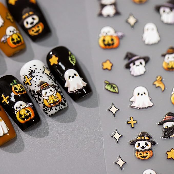 Halloween Nail Stickers for Nail Art - Cute Ghost Nail Art Sticker Halloween 5D Embossed Nail Decals Self-Adhesive Nails Supply Manicure Stickers for Nails Decoration（Little Ghost）