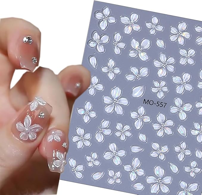 4Pcs Flower Nail Art Stickers 5D Embossed Blue White Purple Green Flower Nail Decals Holographic Spring Floral Nail Stickers Self Adhesive Summer Cute Nail Supplies Decor for Women DIY Acrylic Nails