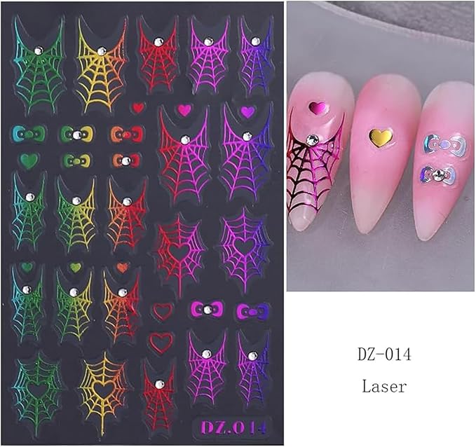 4PCS Halloween Nail Art Stickers Decals Colorful Spider Web Spider Nail Decals with Rhinestone Spider Web Spider Bow Heart Nail Art Design Cute Halloween Nail Supplies for Women Manicure Decorations