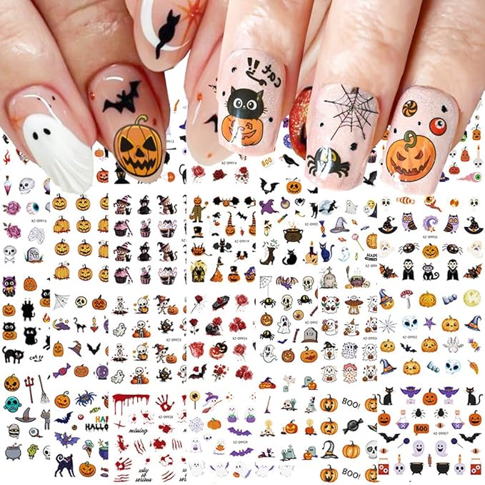 30 Sheets Halloween Nail Stickers for Nail Art, 3D Self-Adhesive Pumpkin Cat Nail Decals, Spider Bloody SkullNail Supplies Design Accessories for Women and Girls Manicure DIY Decoration