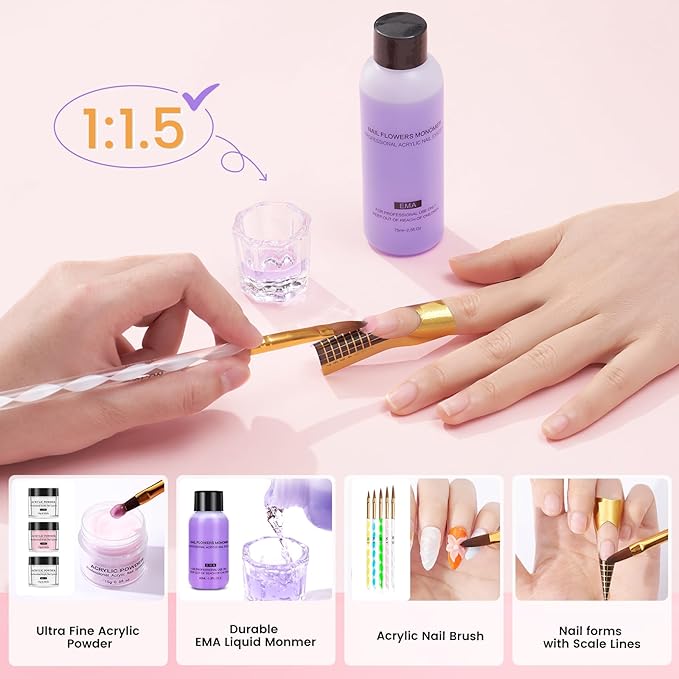 Nail Kit for Beginners with Everything: Practice Nail Hand Acrylic Nail Powder Liquid Set with U V Lamp Drill in Gift Bag for Home Salon(Blue Bag)