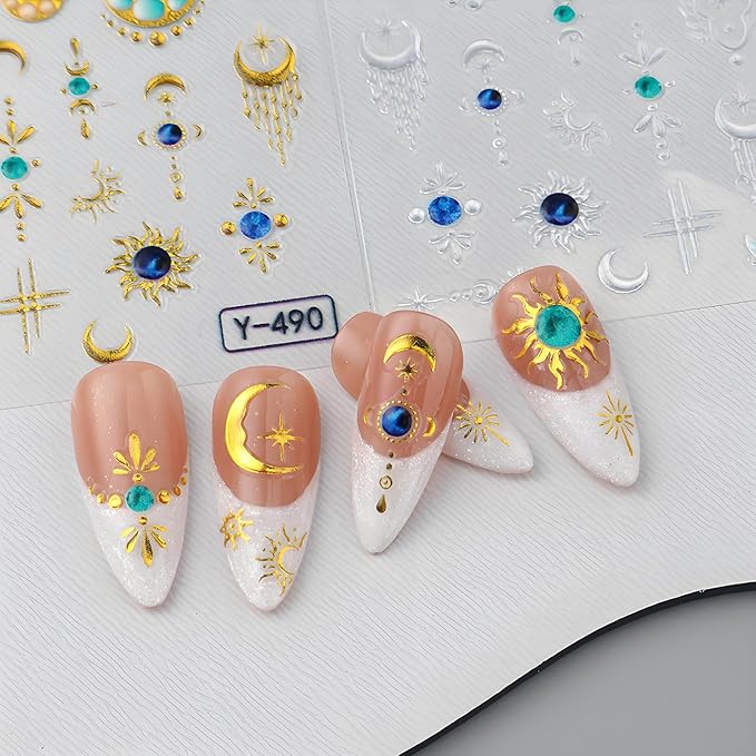 Boho Sun Moon Nail Art Stickers, Star Nail Art Decals 3D Self-Adhesive Gold Silver Sun Moon Nails Stickers Glitter Nail Design 4Pcs Nail Art Supplies for Women and Girls Manicure DIY Decoration