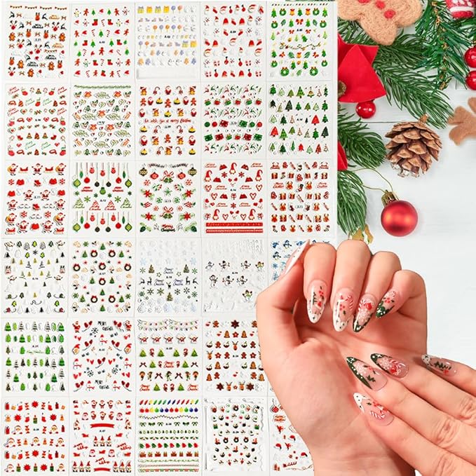 90 Sheets 3D Self Adhesive Nail Decals - Santa Claus, Christmas Tree, Snowflake Nail Art Stickers - Cute Christmas Nail Art Supplies for Women Manicure Decorations