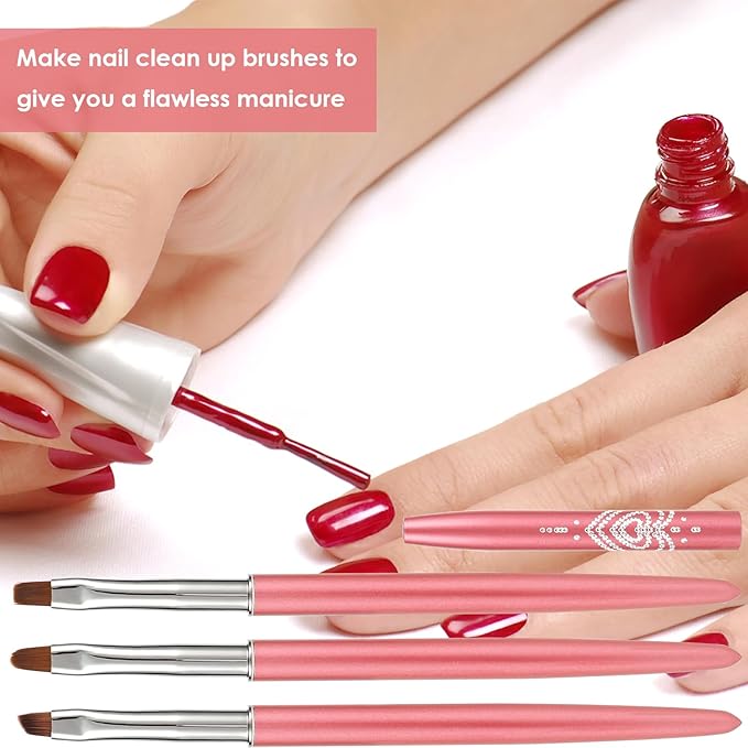 cobee Nail Clean Up Brush, 3PCS Nail Art Clean Up Brushes Nail Painting Brushes Nail Remover Brush Nail Pen Painting Tools for Nail Art Design Manicure Mistake Cleaning(Round, Angled, Flat, Rose Red)