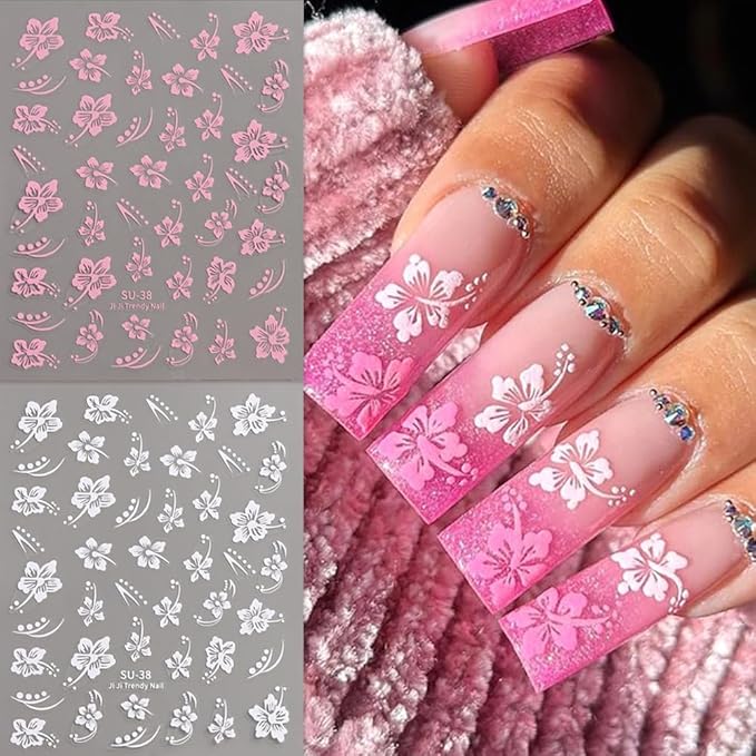 6 Sheets Flower Nail Stickers, Hibiscus 3D Self-Adhesive Nail Decals Blue Yellow White Pink Gold Floral Petal Tropical Leaf Designs DIY Manicure Supplies for Women Girls