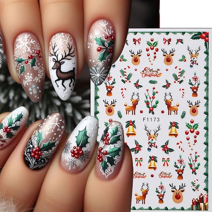 6Pcs Christmas Nail Stickers 3D Christmas Tree Elk Snowman Nail Stickers for Nail Art DIY Self Adhesive Nail Decals Red Fruit Cute Nail Decoration Supplies Holiday Manicure Accessories for Women