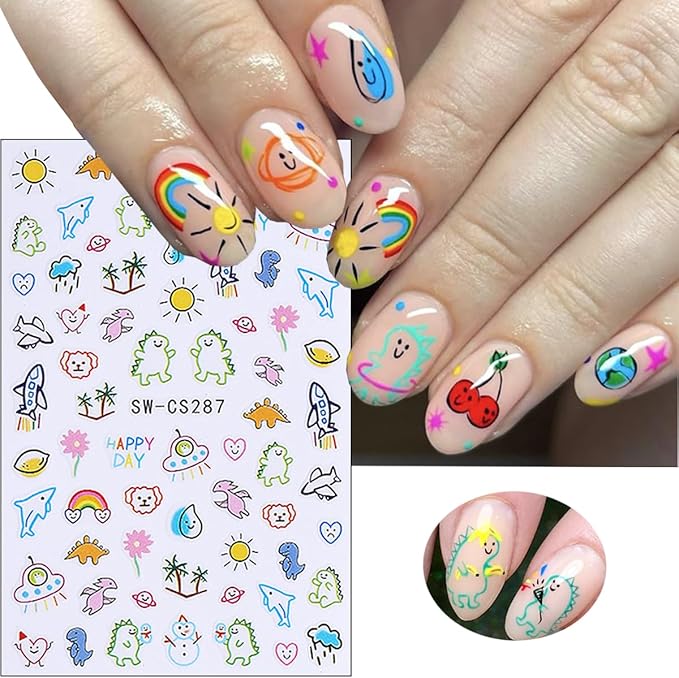 6Pcs Cute Dinosaur Nail Art Stickers 3D Self Adhesive Kawaii Nail Decals Cute Nail Stickers Colorful Animal Aircraft Summer Nail Design Sticker Heart Nail Art Supplies for Women Manicure Accessories