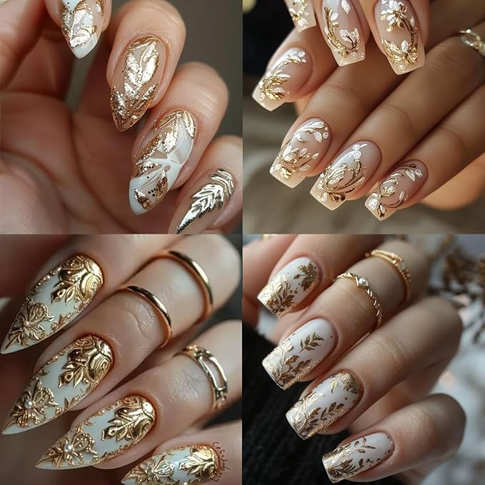 3D Gold Nail Art Stickers 4 Sheets Metallic Flower Leaf Nail Stickers Retro Totem Floral Nails Decals Self Adhesive Gold Designs Luxury Accessories Manicure Supplies for Women DIY Acrylic Decorations