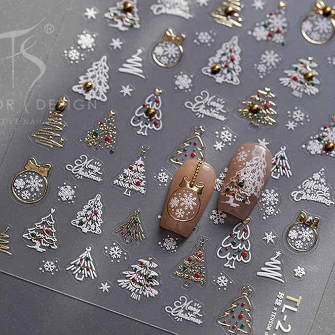Christmas Nail Stickers 5D Embossed Xmas Tree Nail Decals with Rhinestones Snowflake Winter Nail Design Self-Adhesive Holiday Nail Art Decoration for Women Girls Nail Art Decoration