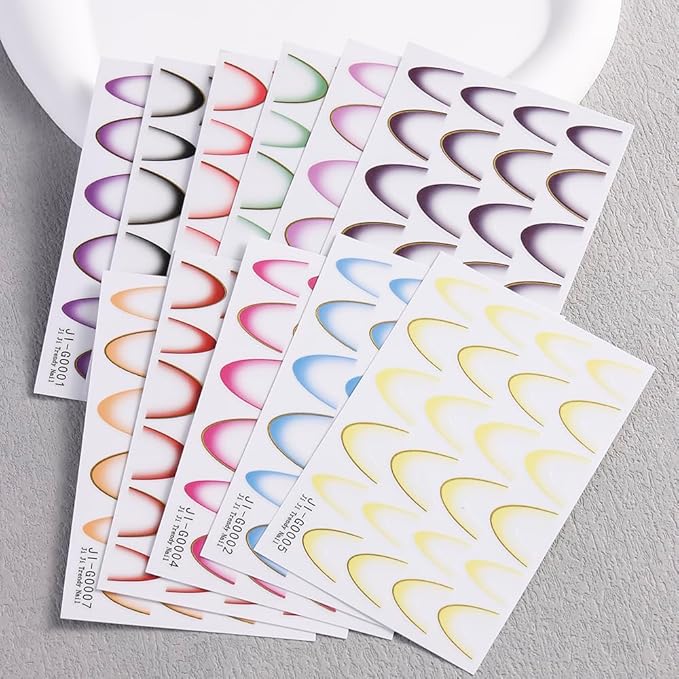 11 Sheets French Line Nail Art Stickers, Gradient Colorful French Tip Nail Decals 3D Self-Adhesive Curved Stripes Lines Nail Art Tips Guides for DIY Decoration Stencil Tools