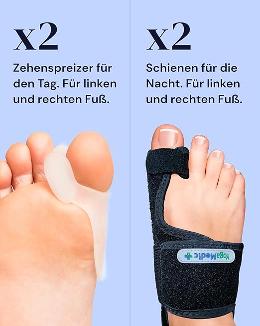 YOGAMEDIC Bunion Corrector for Women - 2 Splints & 2 Silicone Spacers - Adjustable Day & Night Wear - Toe Separators for Men for Bunion Relief
