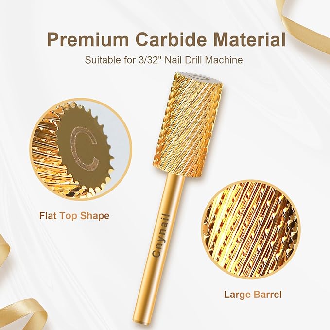 3/32" Large Barrel Flat Top Tungsten Carbide Nail Drill Bit Safety Bit for Gel & Acrylic Removal, 2-Way Rotating Efile Tip, Salon Electric File Accessory (C Grit, Gold)