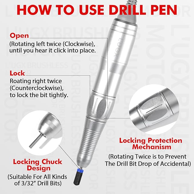 L'UGX Professional Nail Drill, 45000RPM Brushless Electric Nail File Manicure Pedicure with 7 Drill Bits, Perfect for Home Salon Use, Foot Pedal, Low Noise and No Vibration