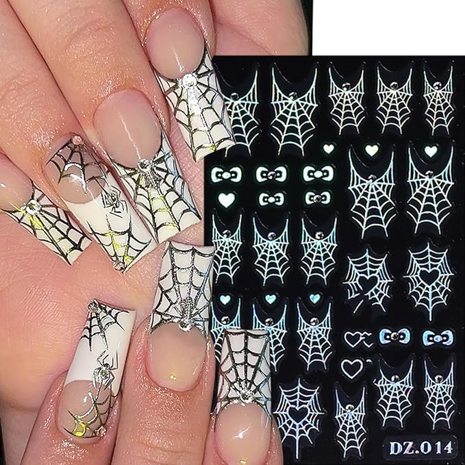6 Sheets Halloween Scary Nail Stickers Gold Laser Silver White Nail Art Stickers Decals 3D Self-Adhesive Spider Web Bow Nail Decals for Women Halloween Party Nails Design Decoration Supplies