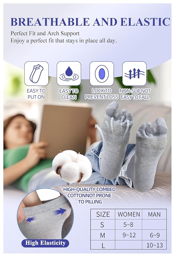 Happy Feet Alignment Socks, Adjustable Yoga Toe Separators For Men Women, Wearable On The Go, Gray M