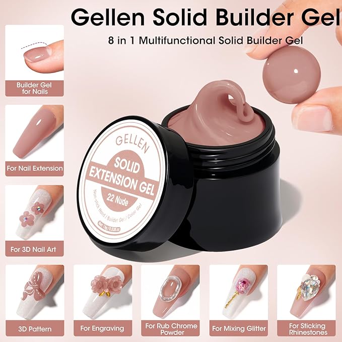 Gellen Nude Brown Solid Builder Gel for Nails, Non Sticky Buildergel for Extension Nails, 8 in 1 Multifunctional 3D Sculpting Gel for Nail Art