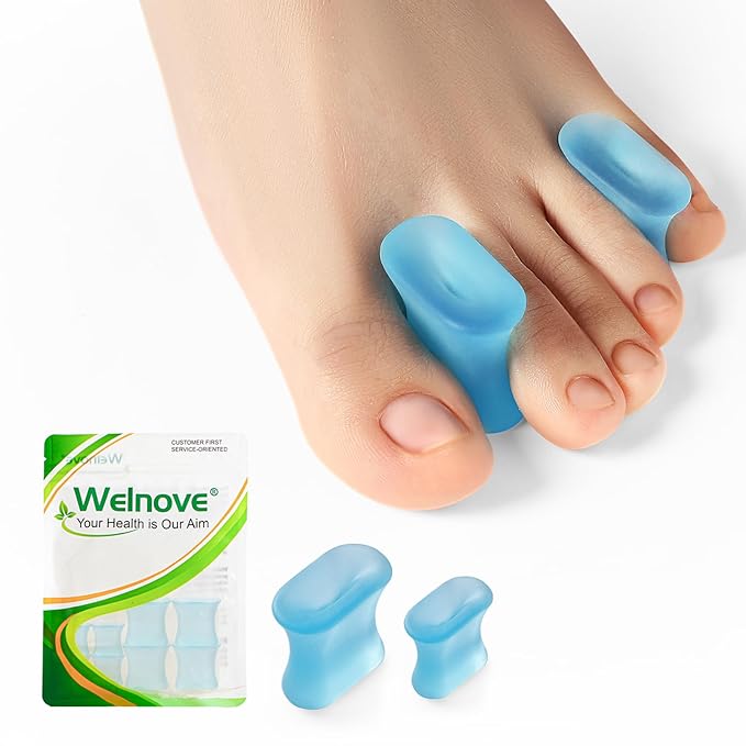Welnove Upgraded Gel Toe Separators – 8-Pack Aloe Vera Extract Infused Silicone Toe Spacers for Straightening Overlapping Toes, Calluses – Bunion Corrector for Men and Women (Multi-Size, Blue)