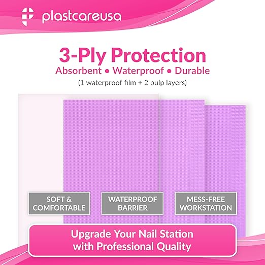 Disposable Nail Mats 50 Pcs - Salon Paper Towel and Table Cover for Nail Tech - 3 Ply Waterproof Manicure Prep Pads - Acrylic Art Supplies and Accessories (Purple)
