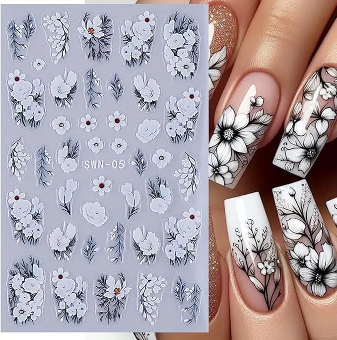 Flower Nail Art Stickers Decals 5D Embossed White Flowers Nail Decals 4PCS Floral Leaf Nails Design Adhesive Flower Stickers for Nails Manicure Accessories for Women Summer Fall Nail Art Decorations