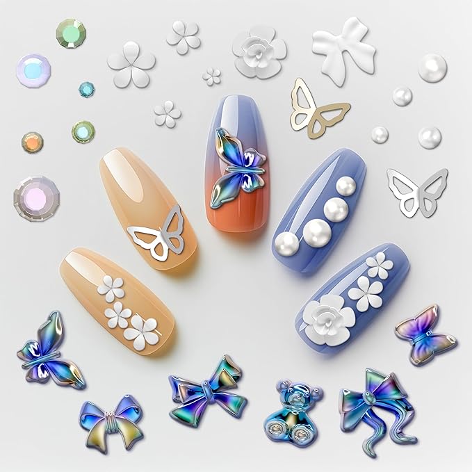 Rhinestones for Nails – Bow Nail Charms 520 Pcs Set with Gems, Butterfly Charms, 3D Flowers & Сrystals – Alloy Jewels for Nail Art, DIY Decorations, Weddings, Party Manicures & Creative Y2K Designs