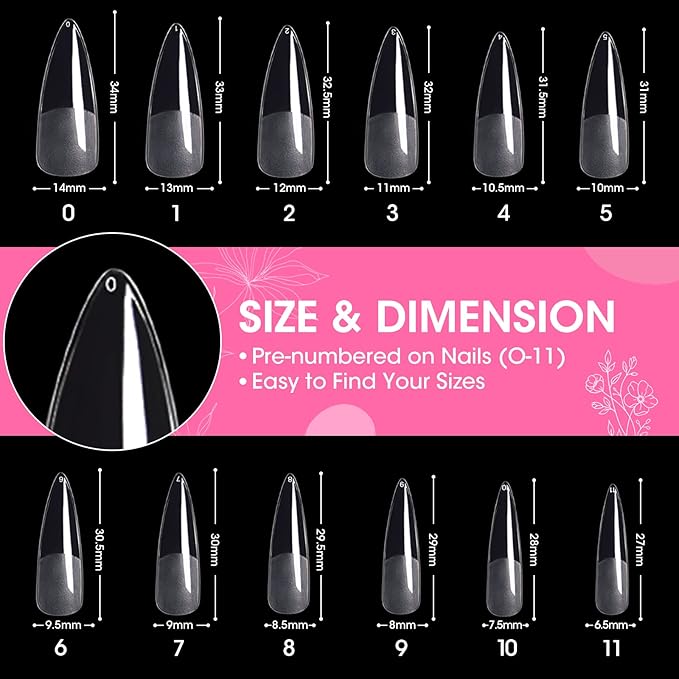 Gellen Stiletto Fake Nails 504Pcs Nail Tips, Acrylic Nail Kit Stiletto Pre-Shaped Press On Nails, Clear False Nail Extension Kit, Full Cover Soft Gel Nail Tips, Salon Nail Art Manicure Set, 12 Sizes