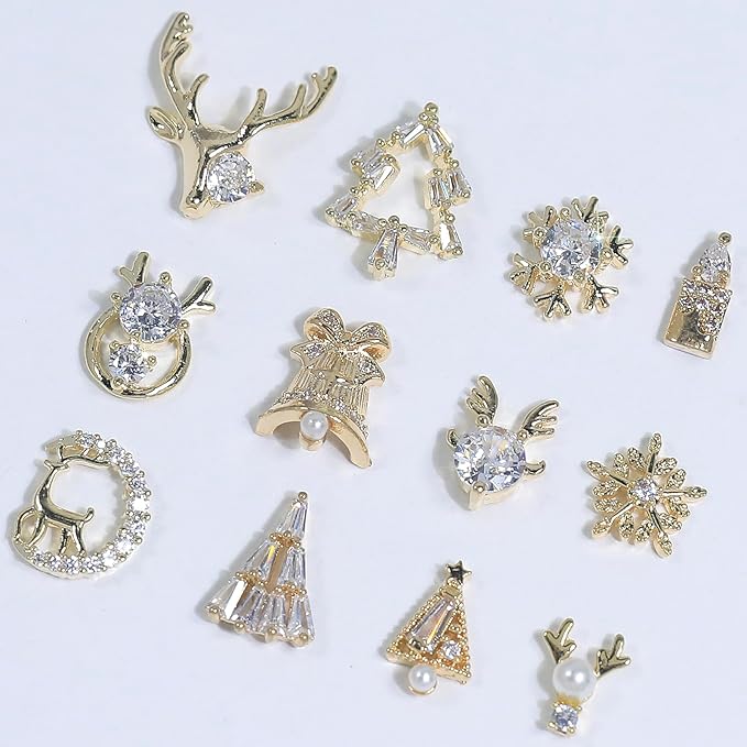 HNUIX Gold Nail Charms - Multi Shape, Zircon Jewelry, Christmas, Gems Rhinestones Charms, Metal Base, for Nail Art