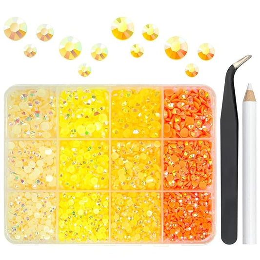 4 Color Jelly Resin Rhinestones Bulk 3mm 4mm 5mm Flatback Stones for Crafting Colorful AB Non-Hotfix Yellow Orange Resin Gems Diamonds Box for Crafts DIY Tumblers Bottles Nails Eyes Face Makeup