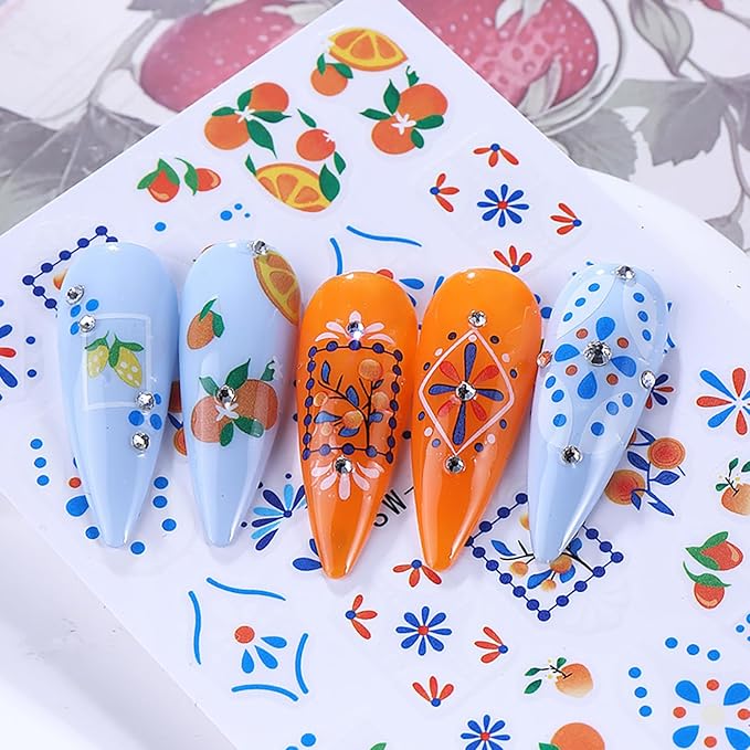 6 Sheets Autumn Fruit Nail Decals for Nail Art 3D Self-Adhesive Orange Lemon Nail Art Stickers Bohemian Style French Tip Nail Stickers Fall Flower Nail Supplies for Women Acrylic Nails Decoration