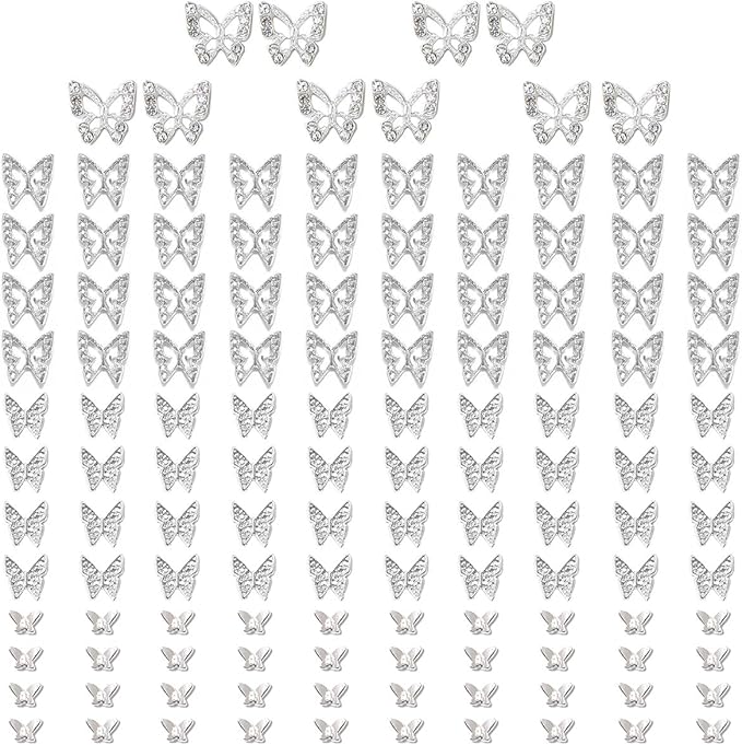 130pcs Silver 3D Butterfly Nail Charms, 10pcs Rhinestones, 120pcs Alloy Studs, Nail Art Jewels, DIY Crafts