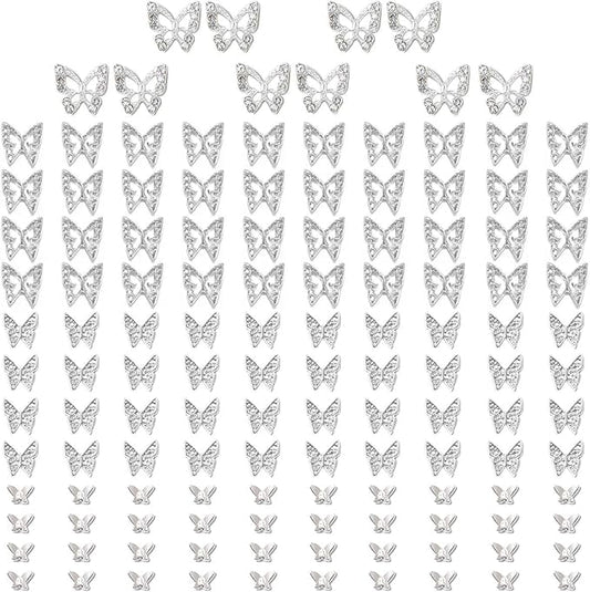 130pcs Silver 3D Butterfly Nail Charms, 10pcs Rhinestones, 120pcs Alloy Studs, Nail Art Jewels, DIY Crafts