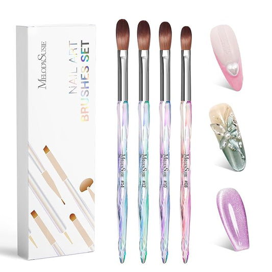 MelodySusie 4Pcs Acrylic Nail Brush Set, Size 8/10/12/14/ Professional Nail Brushes for Acrylic Application Powder Nail Extension and 3D Nail Carving for DIY Home Salon Nail Art Manicure Tool
