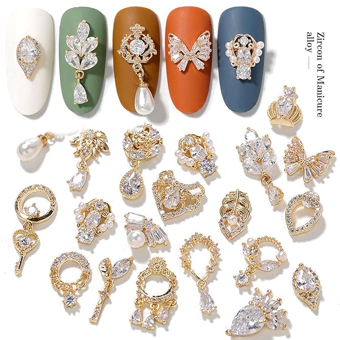 HNUIX Nail Charms and Gems - Gold Copper Zircon, Multiple Shapes 3D Dangle, Metal Jewelry Rhinestones for Nails 24 Pieces