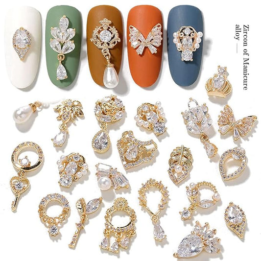 HNUIX Nail Charms and Gems - Gold Copper Zircon, Multiple Shapes 3D Dangle, Metal Jewelry Rhinestones for Nails 24 Pieces